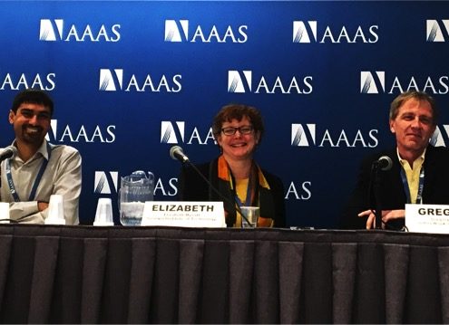 CCC@AAAS2017-News-Briefing-Panelists Shwetak Patel, Elizabeth Mynatt, and Gregory Hager at AAAS in 2017