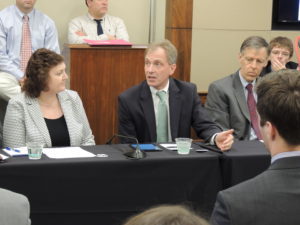 Greg Hager (center), chair of the Computing Community Consortium, speaks at the Congressional Robotics Caucus Hill event marking 5 years of the NRI.