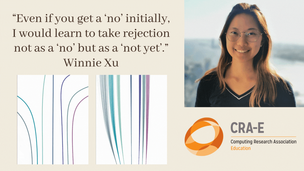 Winnie Xu's headshot next to quote. "Even if you get a 'no' initially, I would learn to take rejection not as a 'no' but as a 'not yet'." - Winnie Xu CRA-E Computing Research Association - Education