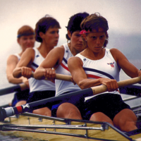 Liz Bradley (pictured second from the right) rowing in the 1988 Olympic Games