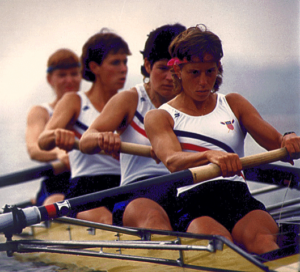 Liz Bradley (pictured second from the right) rowing in the 1988 Olympic Games